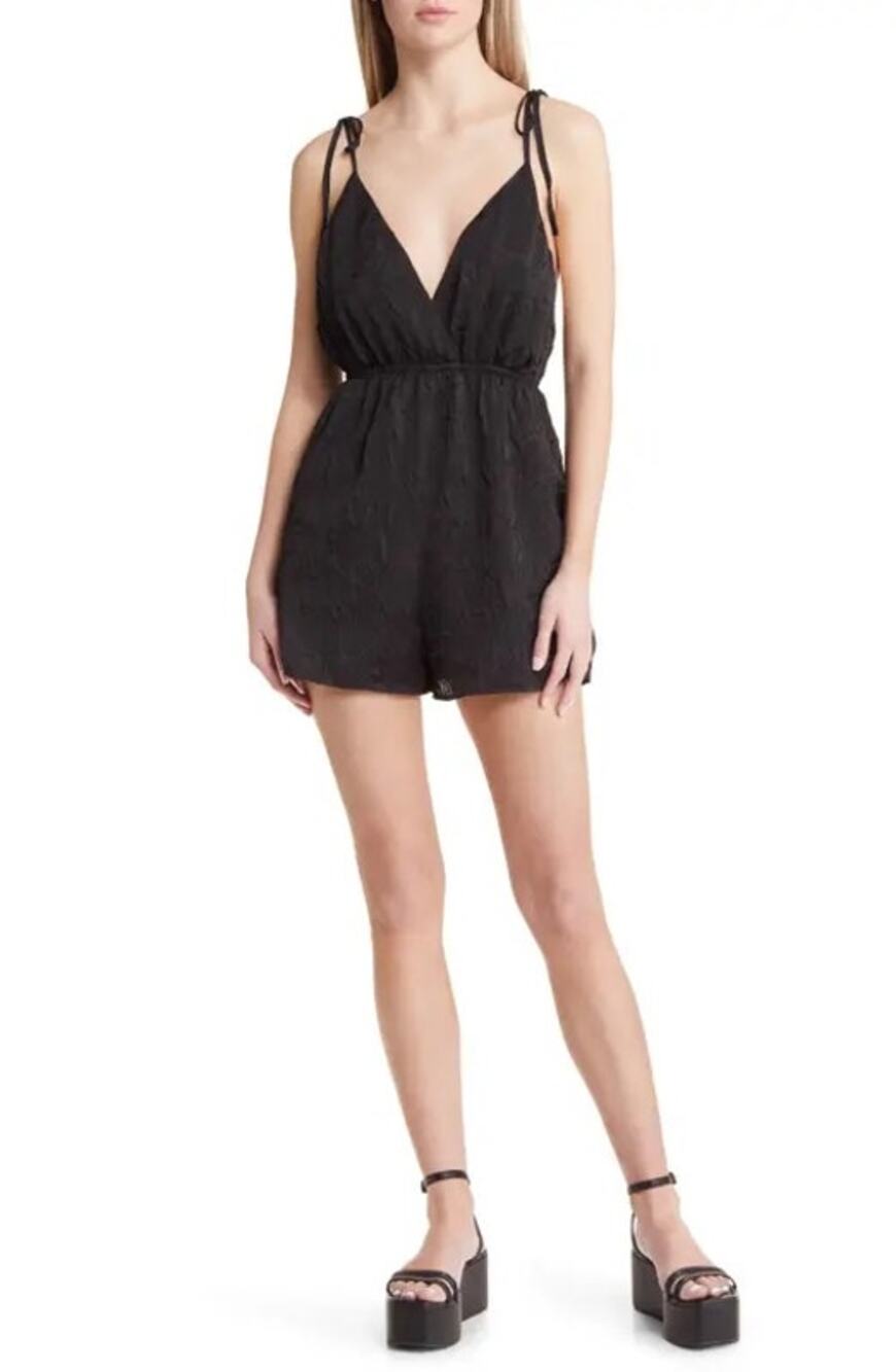 Open Edit Black Floral Jacquard Tie Shoulder Romper NWT M V-Neck Summer Vacation